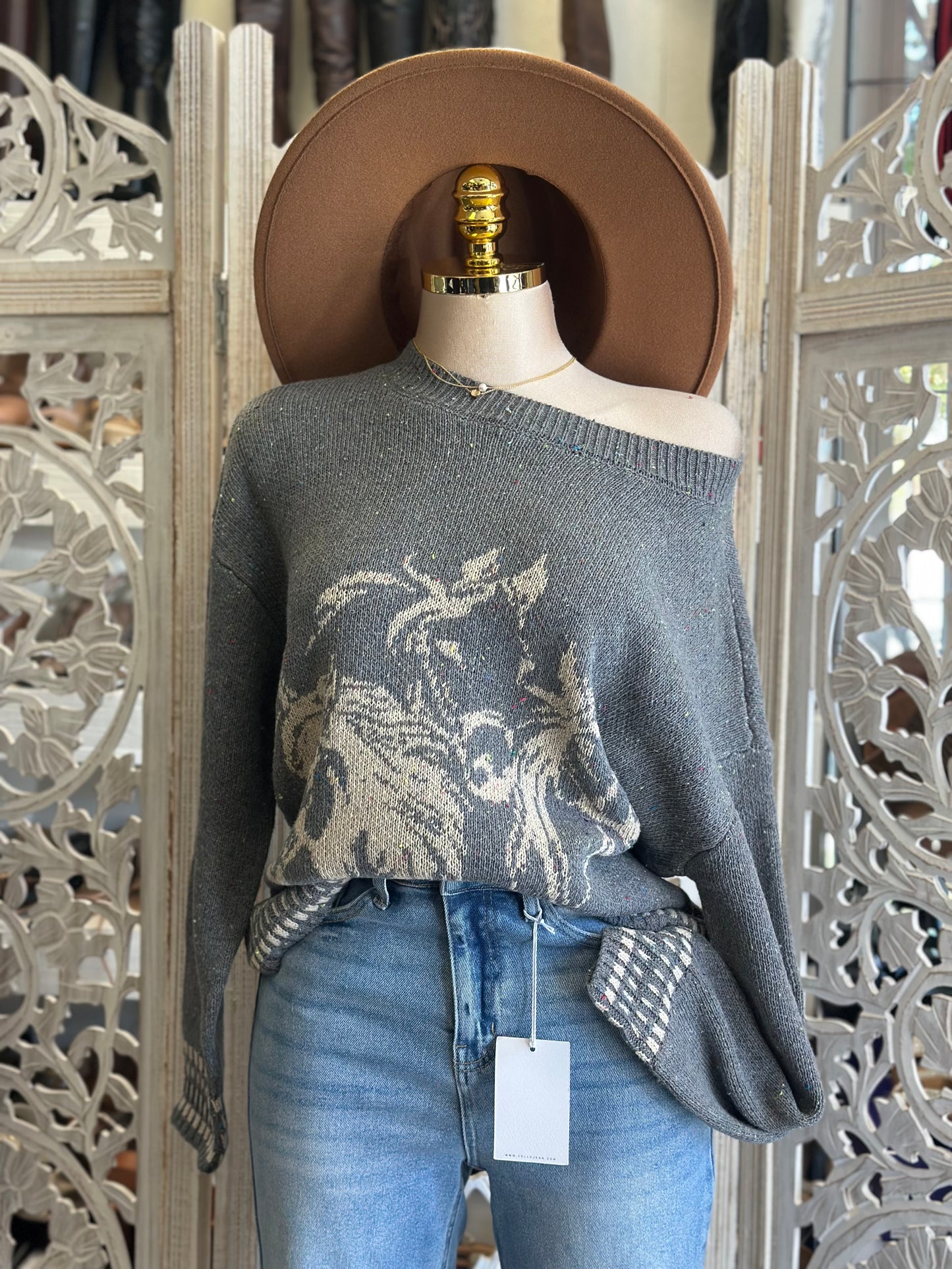 Horse Print Off Shoulder Knit Sweater