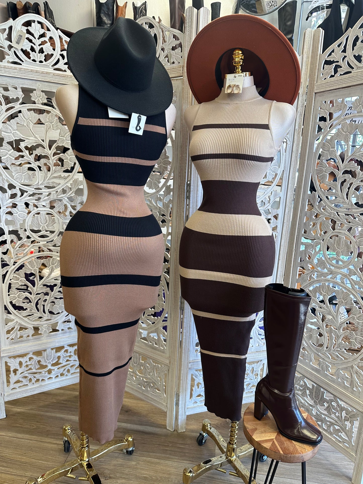 Striped Ribbed Sweater Mock Neck Dress- Stretchy