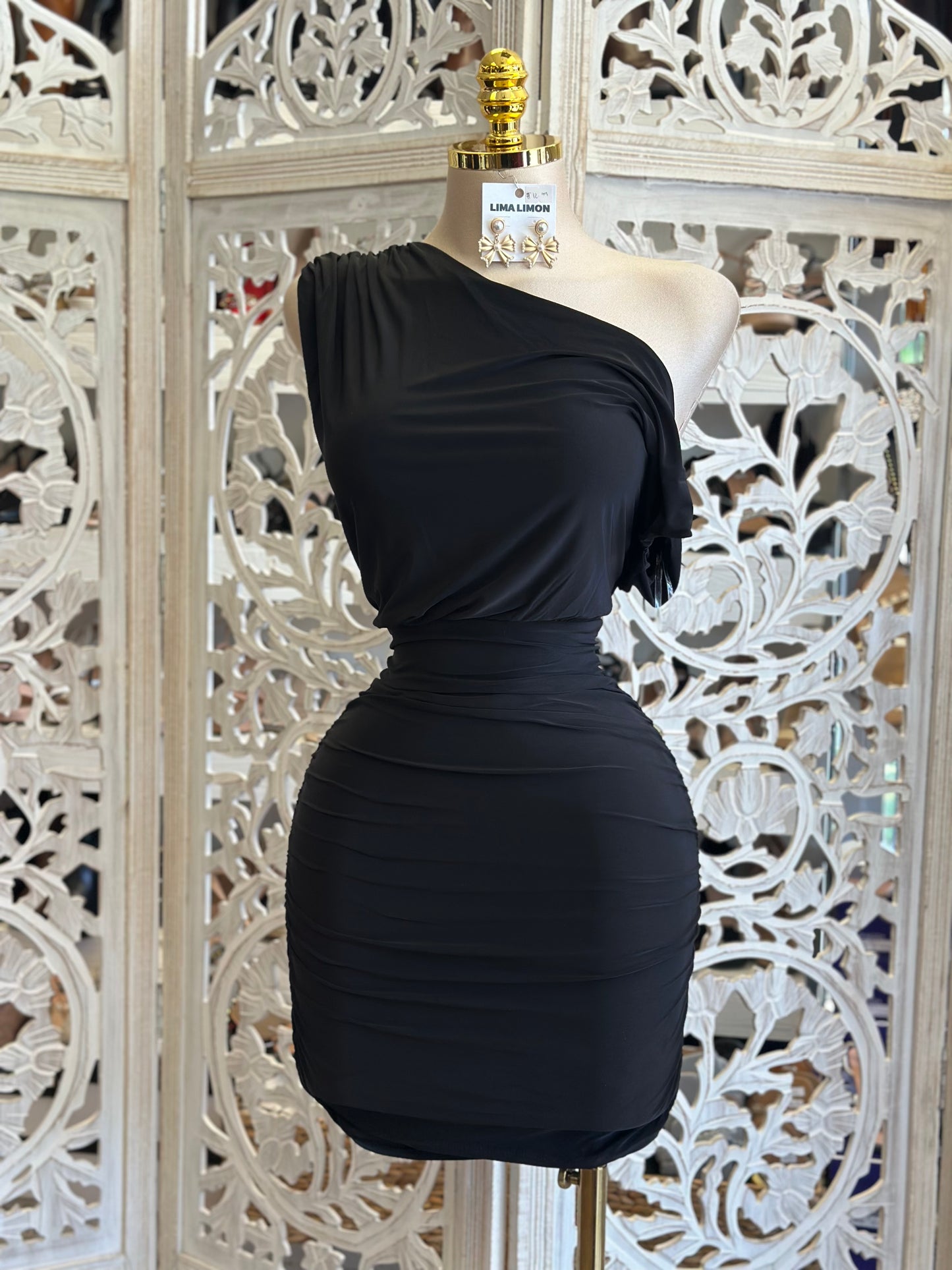 Black Asymmetrical Mini Dress- Stretchy , Estira