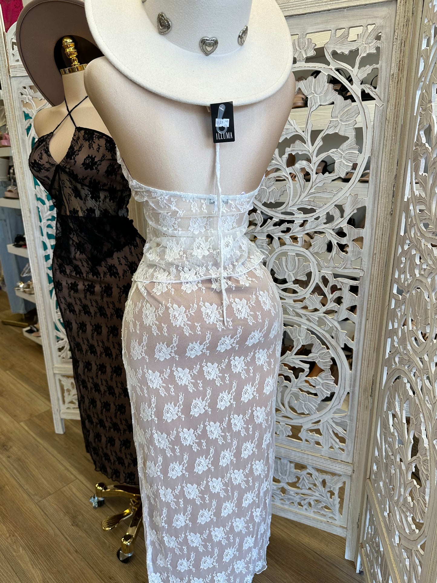 Lace Midi Skirt and Split Blouse Set - Estira, Stretchy