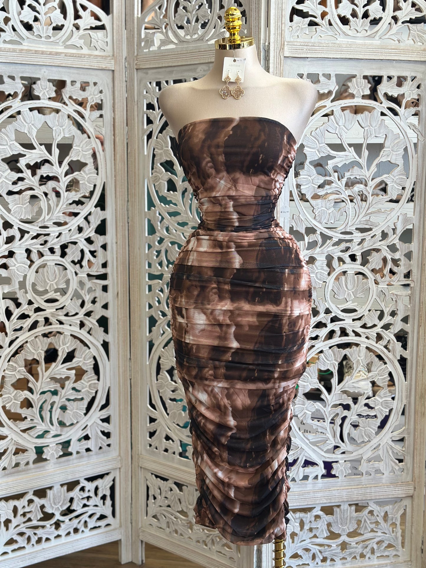 Strapless Brown Multipattern Midi Dress- Stretchy, Estira