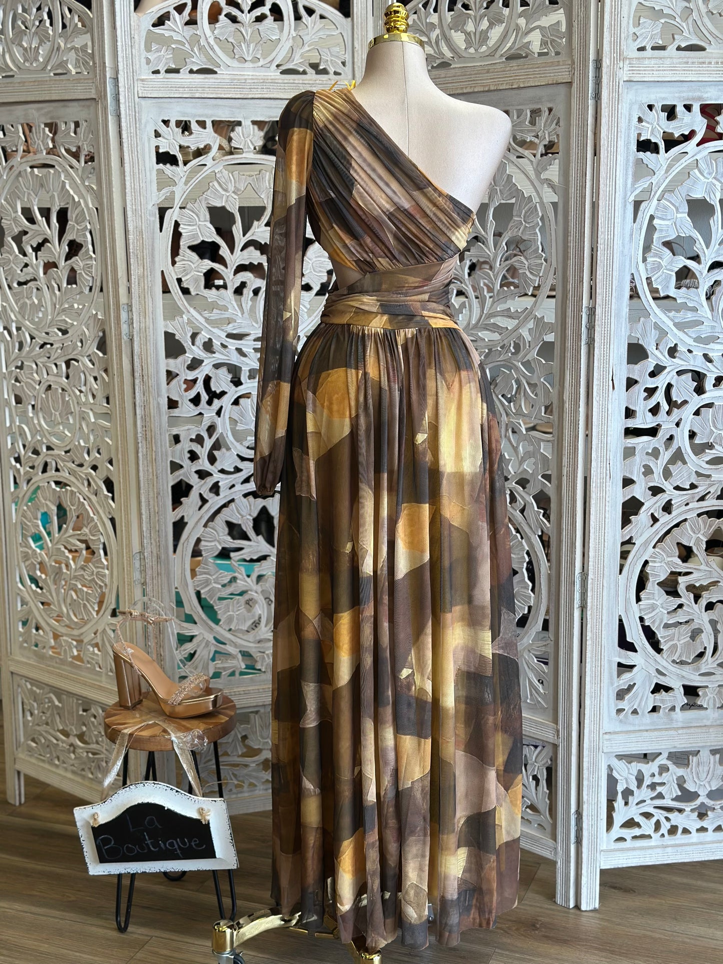 One Sleeve Pleated Pattern Dress- Stretchy,Estira