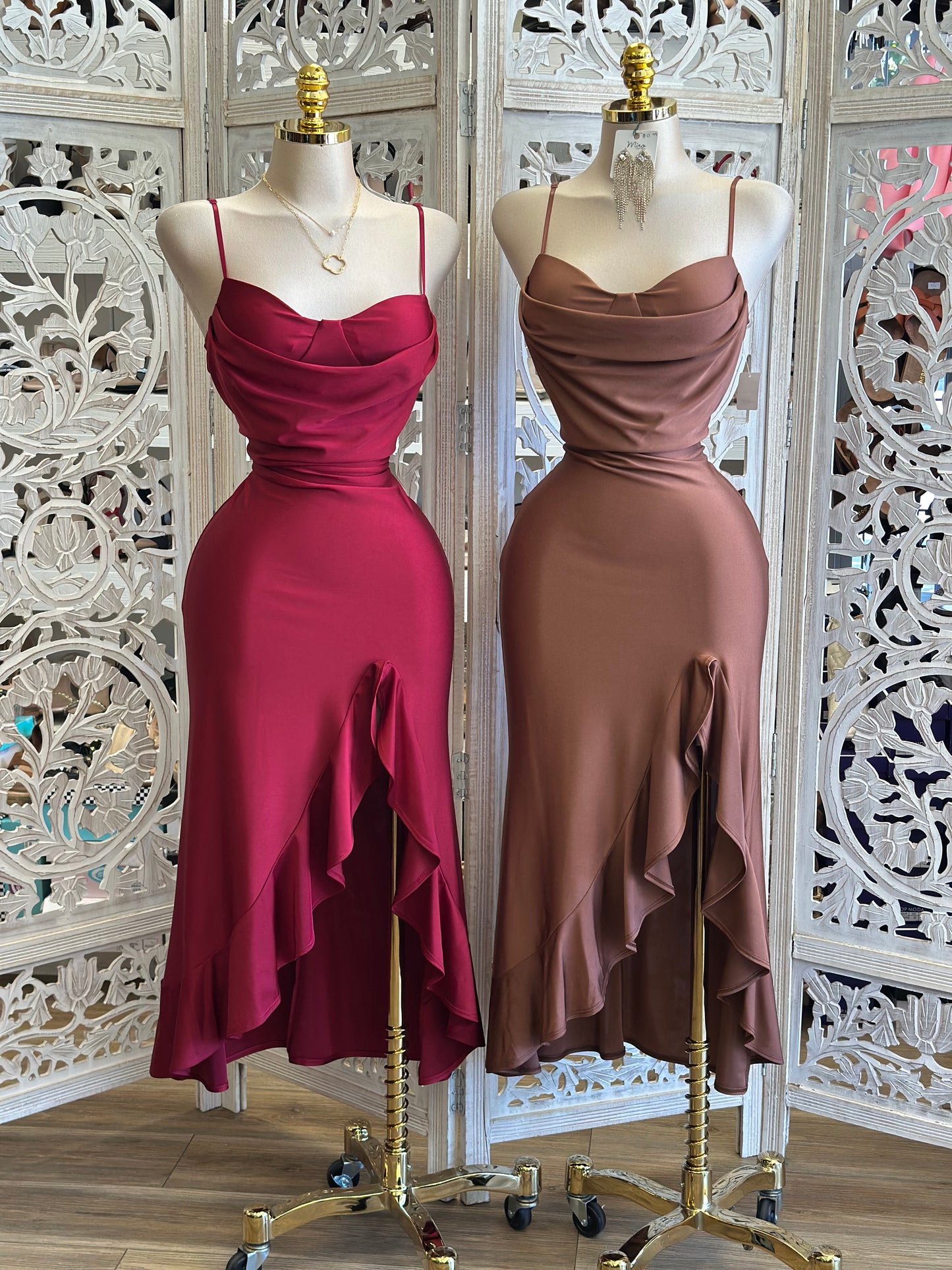 Ruffle Slit Cami Midi Dress - Estira, Stretchy