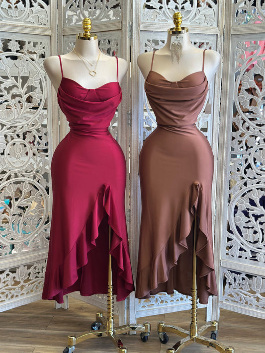 Ruffle Slit Cami Midi Dress - Estira, Stretchy