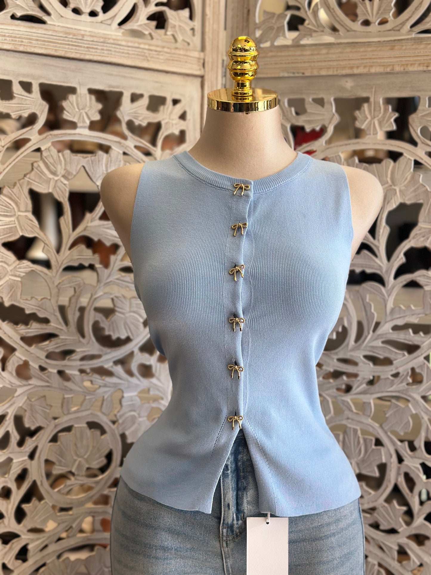 Sky Blue Ribbon Button Blouse- Estira, Stretchy