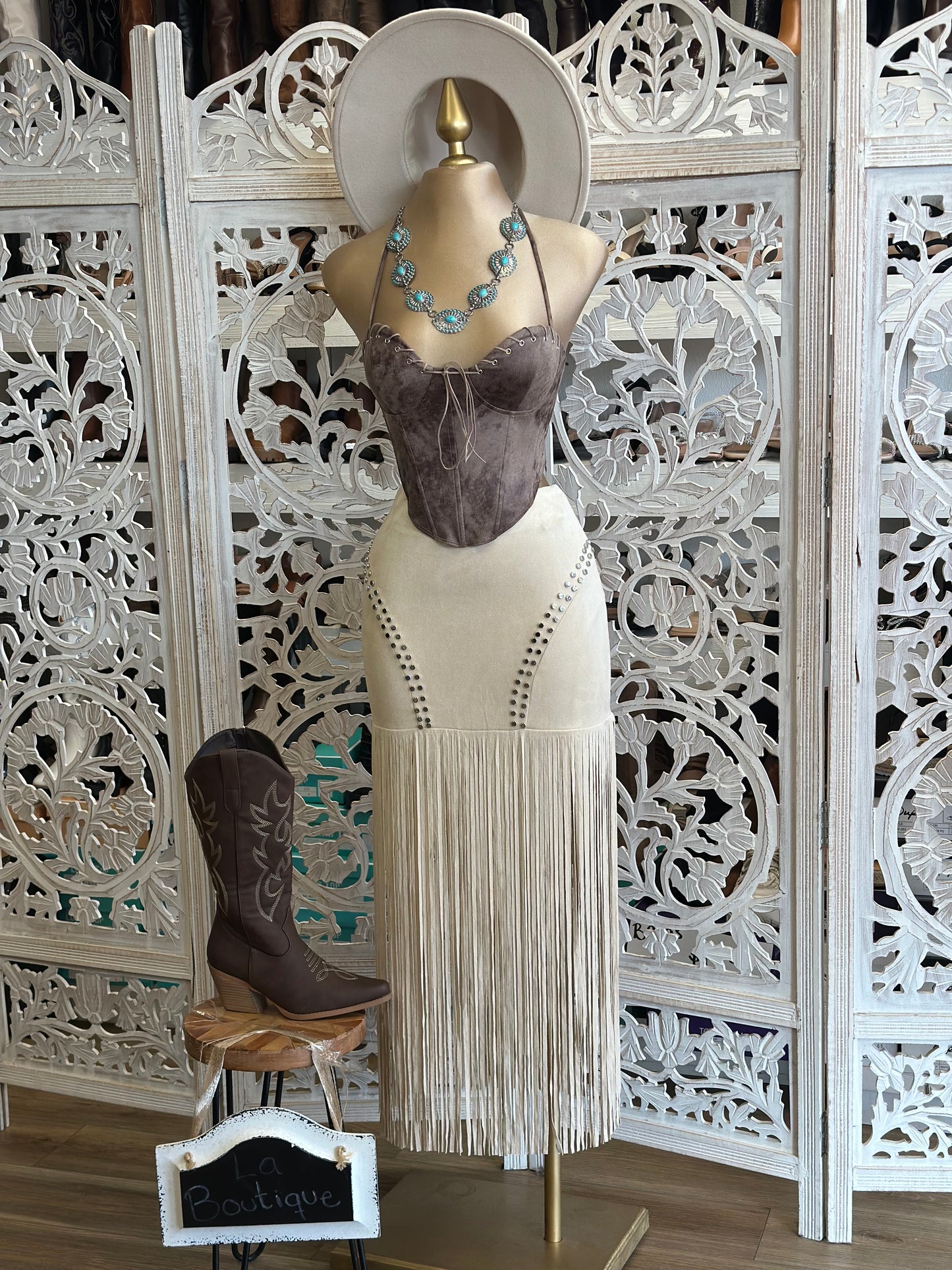 Suede Fringe Midi Skirt-Estira, Stretchy