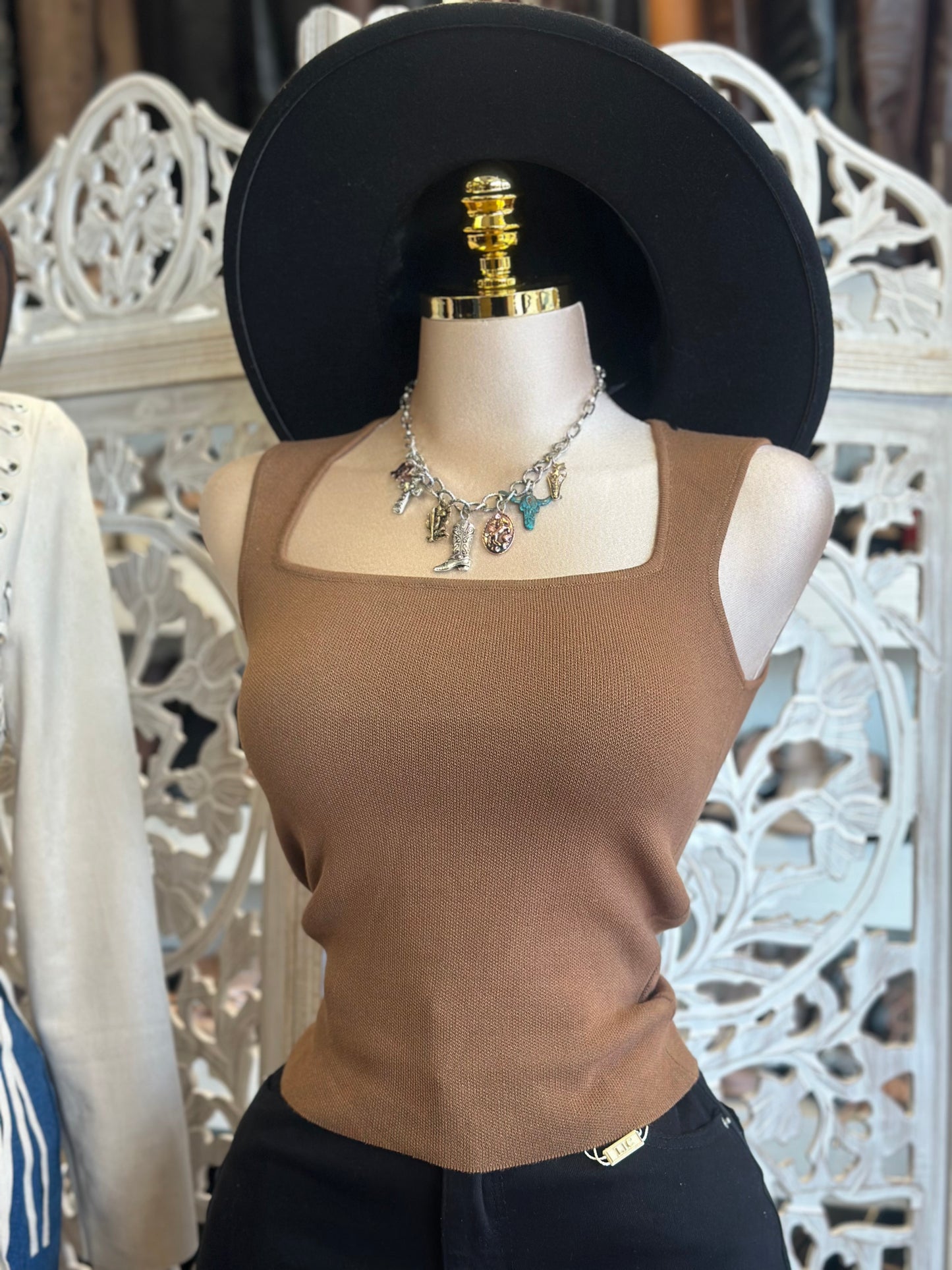 Brown Ribbed Square Neck Top- Estira, Stretchy
