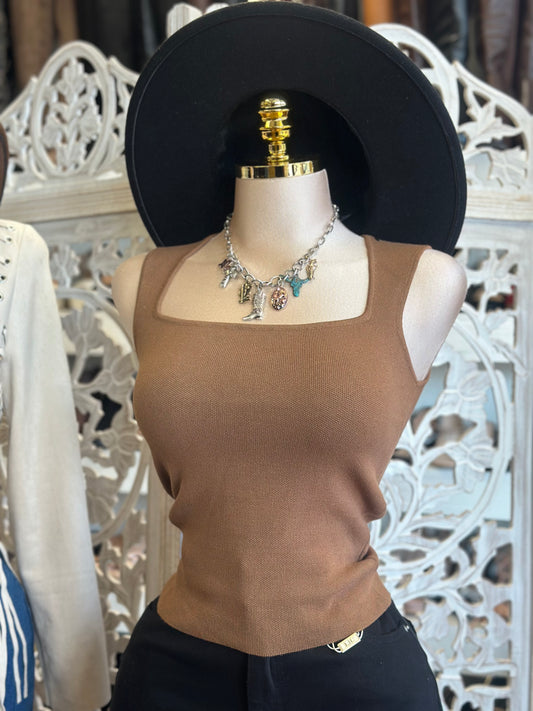Brown Ribbed Square Neck Top- Estira, Stretchy