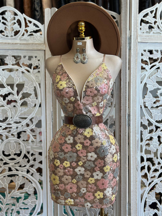 Sequin Floral Mini Dress- Not Stretchy, No Estira