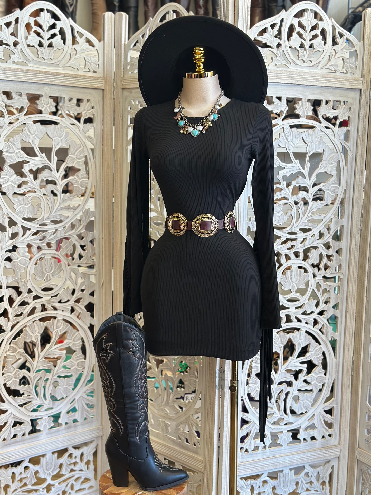 Black Fringe Sleeve Mini Dress -Estira, Stretchy