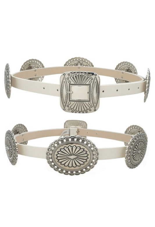Multi Buckle Ivory Faux Leather Chain Belt