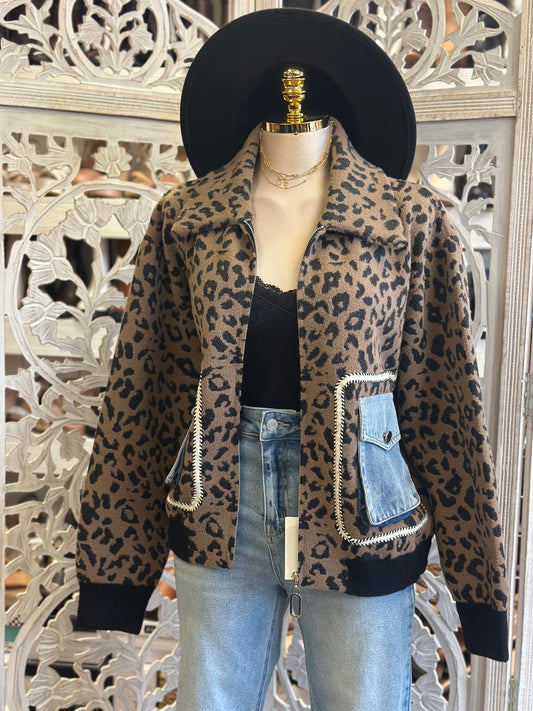 Denim Patchwork Leopard Print Jacket