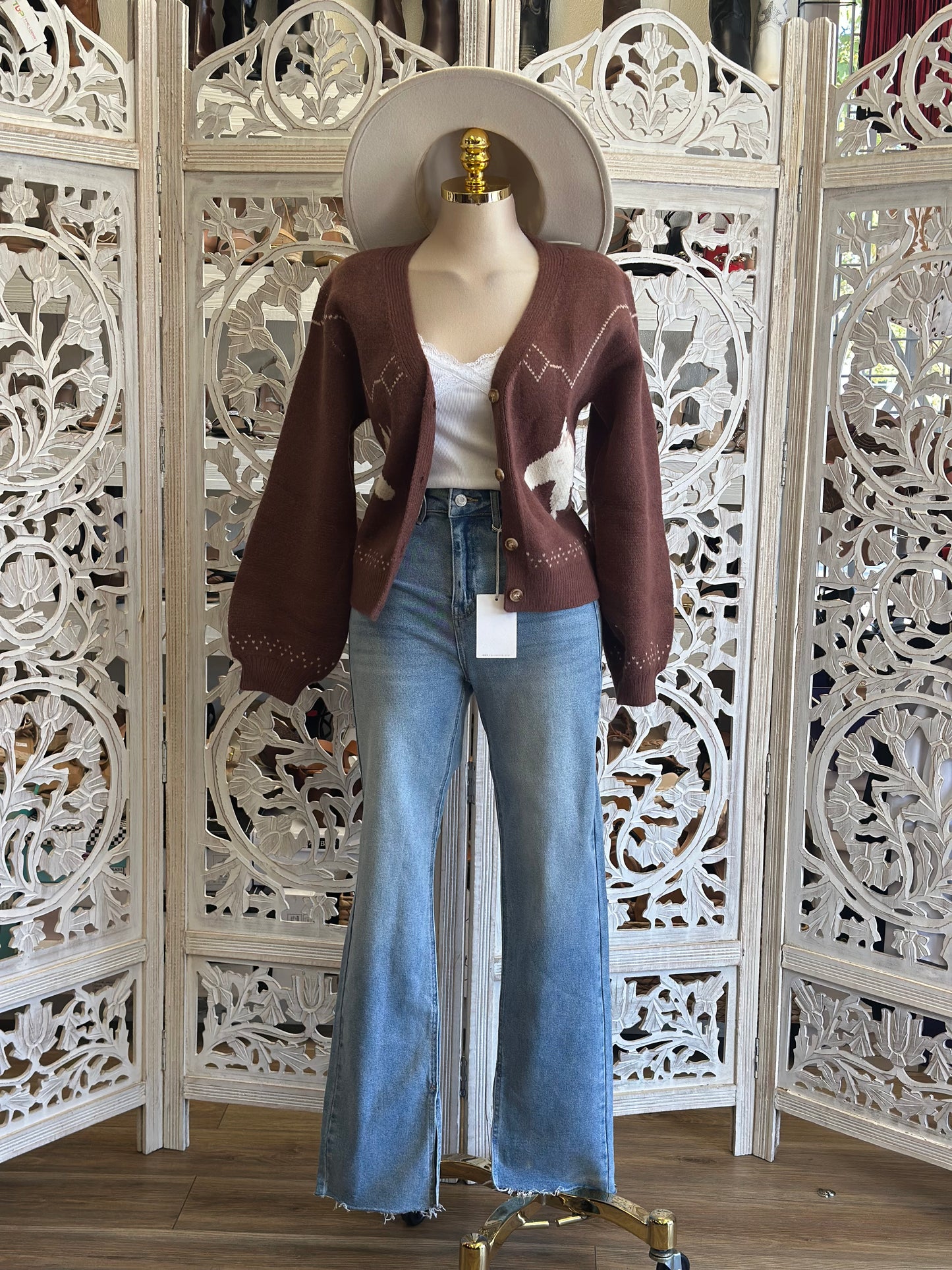 Brown Horse Print Knit Cardigan