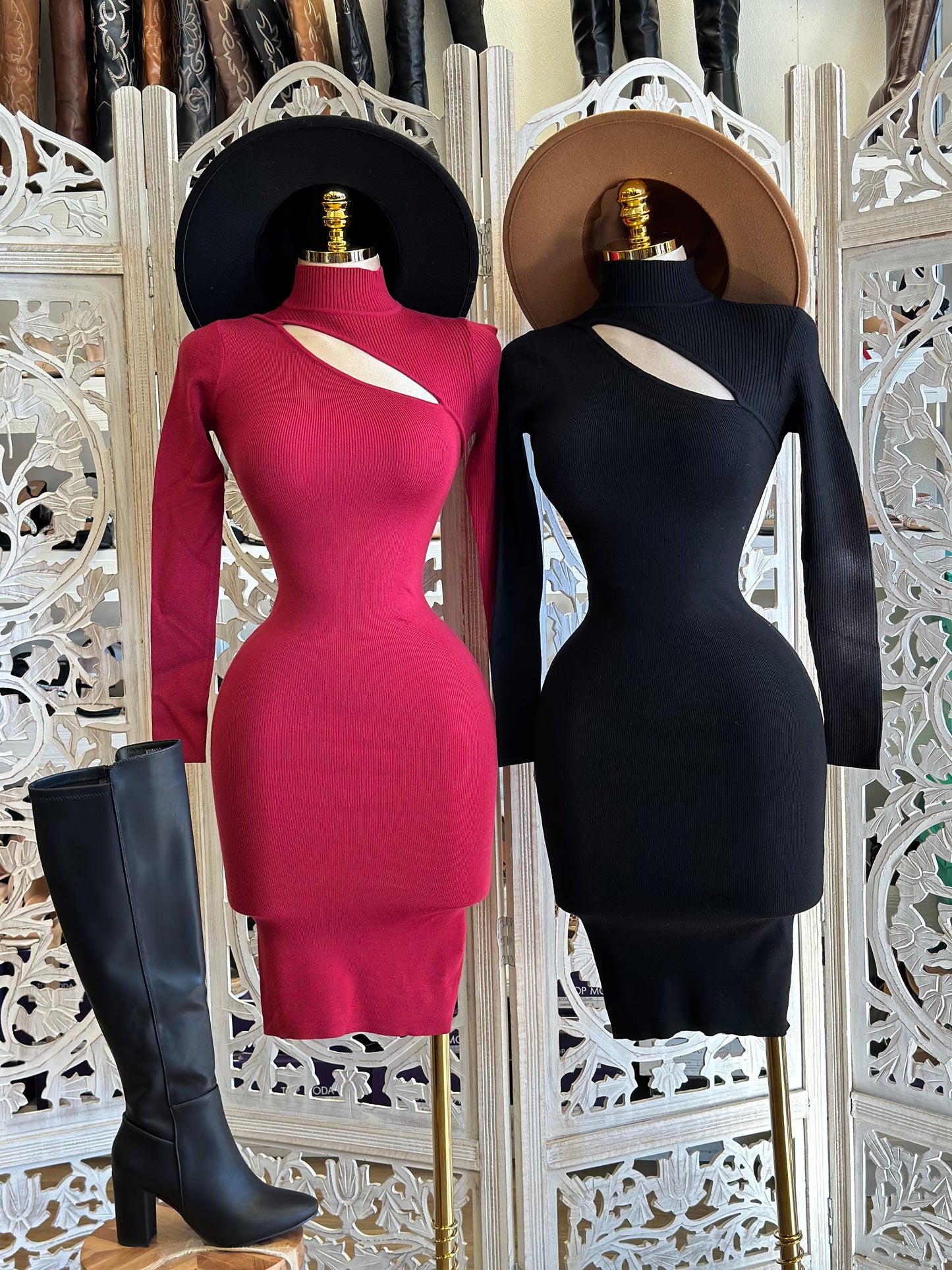 Ribbed Cutout Fitted Sweater Dress- Stretchy,Estira