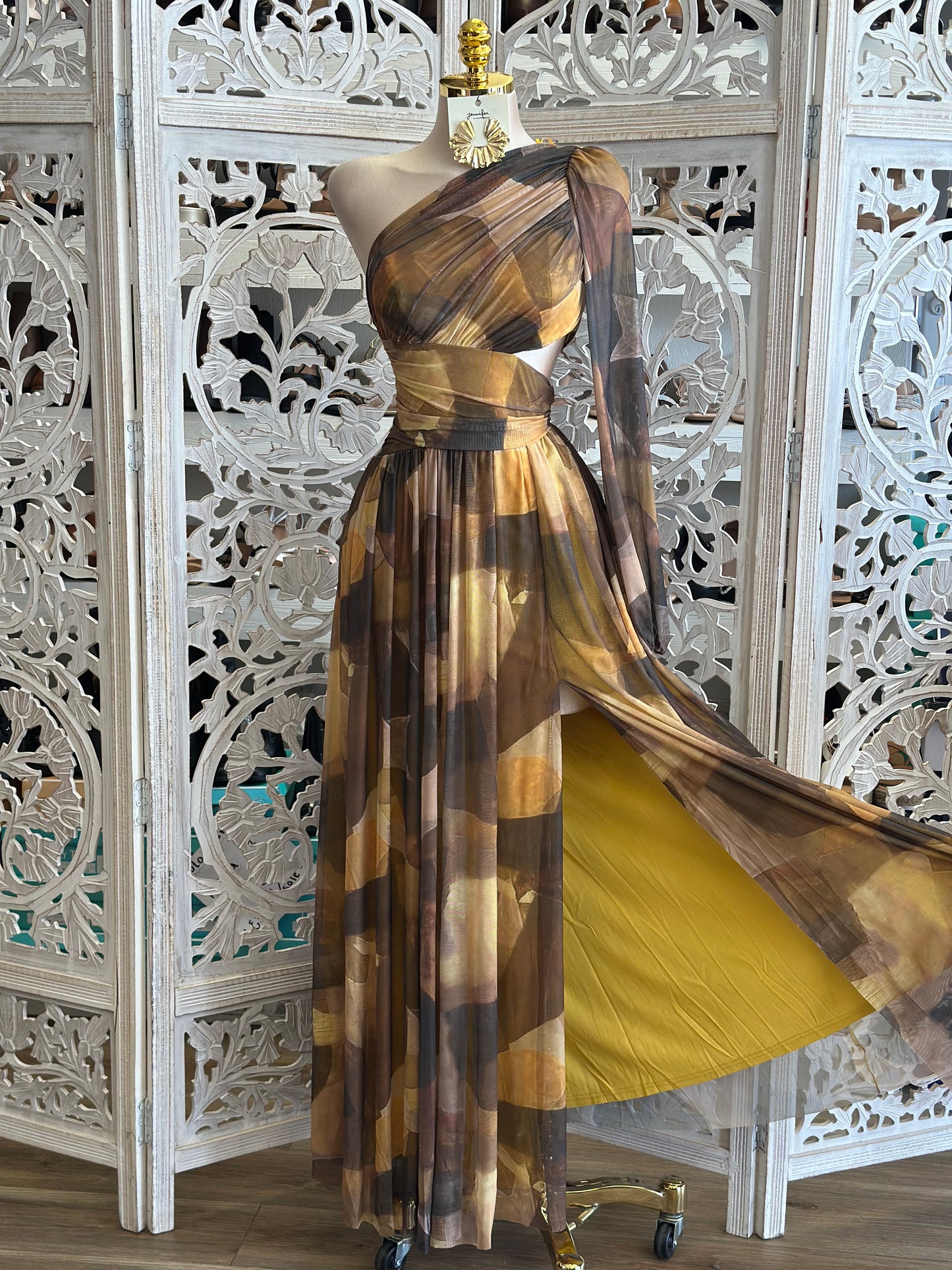 One Sleeve Pleated Pattern Dress- Stretchy,Estira
