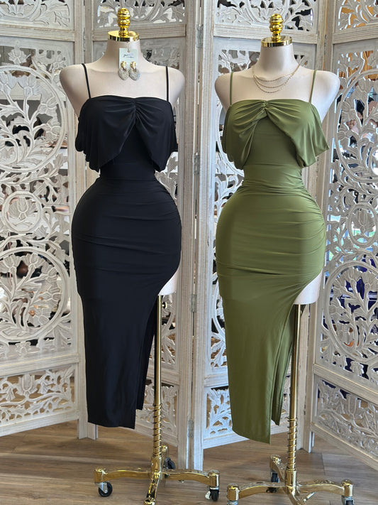 Draped Ribbon Oval Slit Midi Dress-Estira , Stretchy