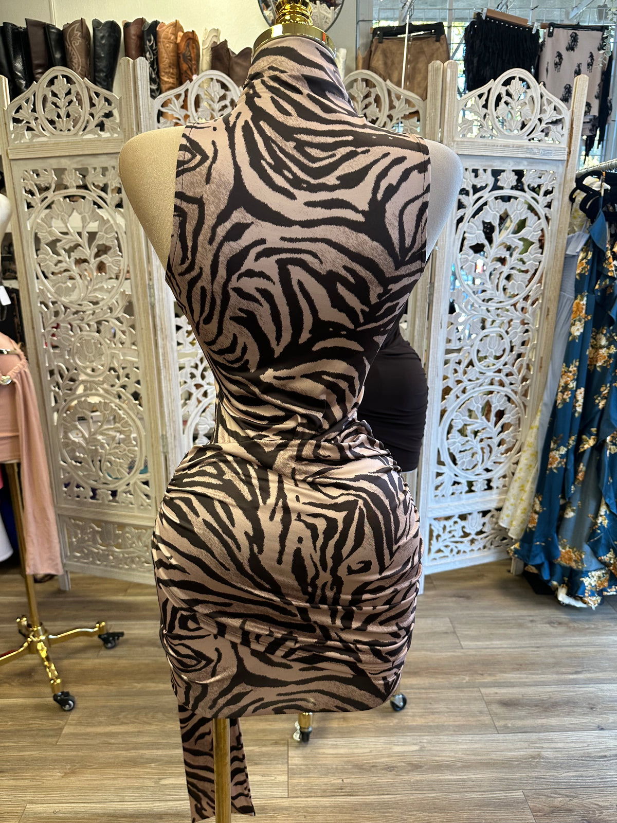 High-Neck Zebra Print Ruched Mini Dress- Estira, Stretchy