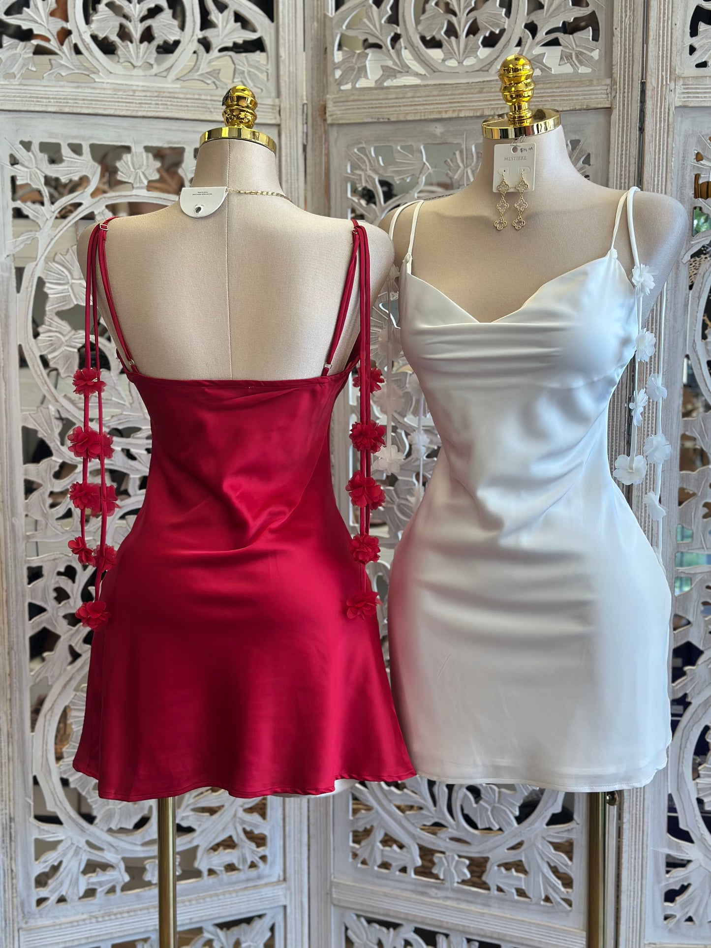 Flower Strap Mini Silky Dress- Not Stretchy, No Estira