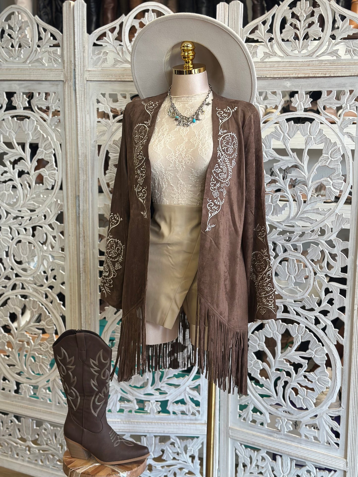 Suede Embroidered Fringe Cardigan - Stretchy, Estira