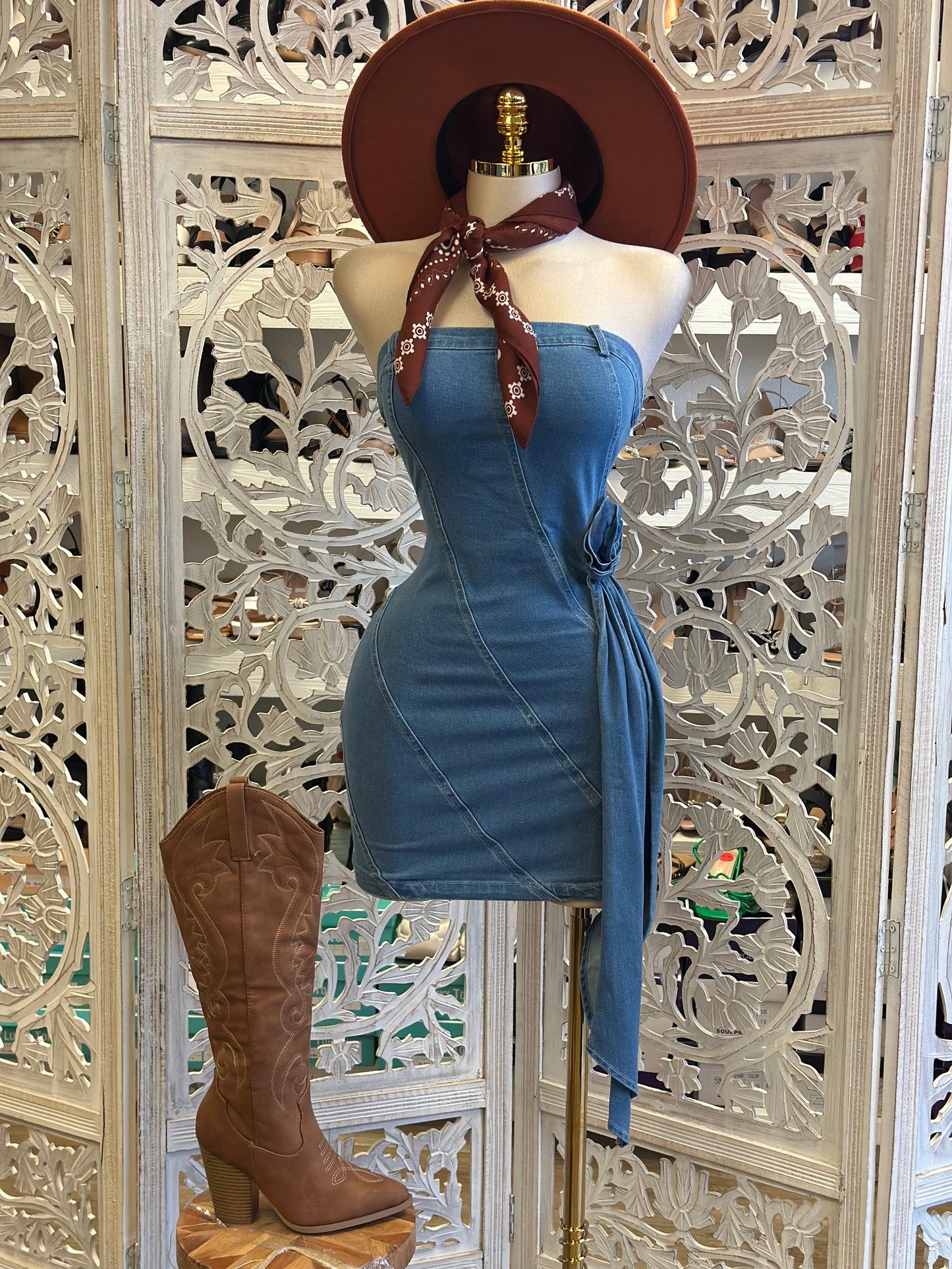 Denim Rose Tail Mini Dress- Not Stretchy, No Estira