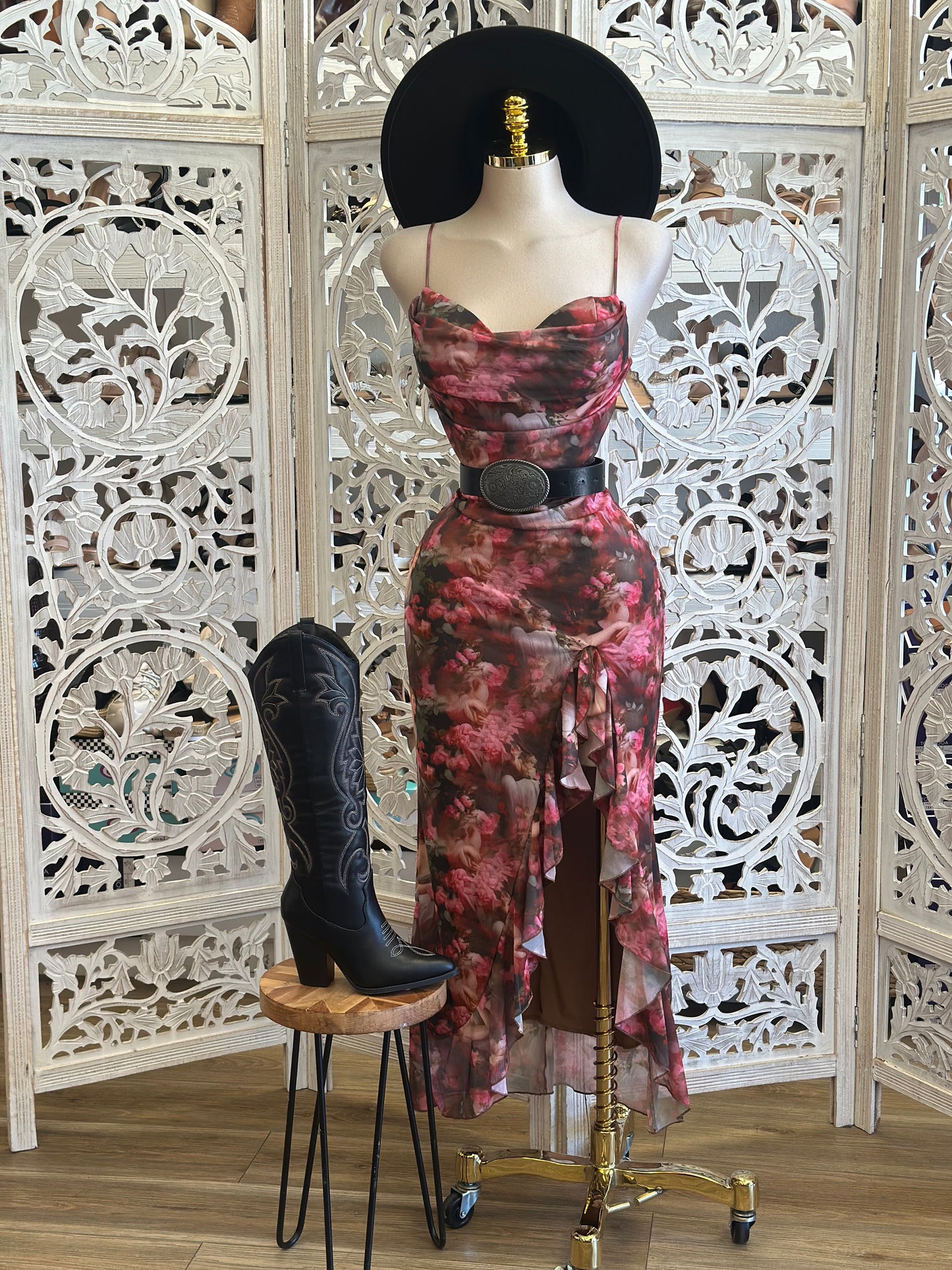 Angel Print Ruffle Slit Dress-Estira, Stretchy