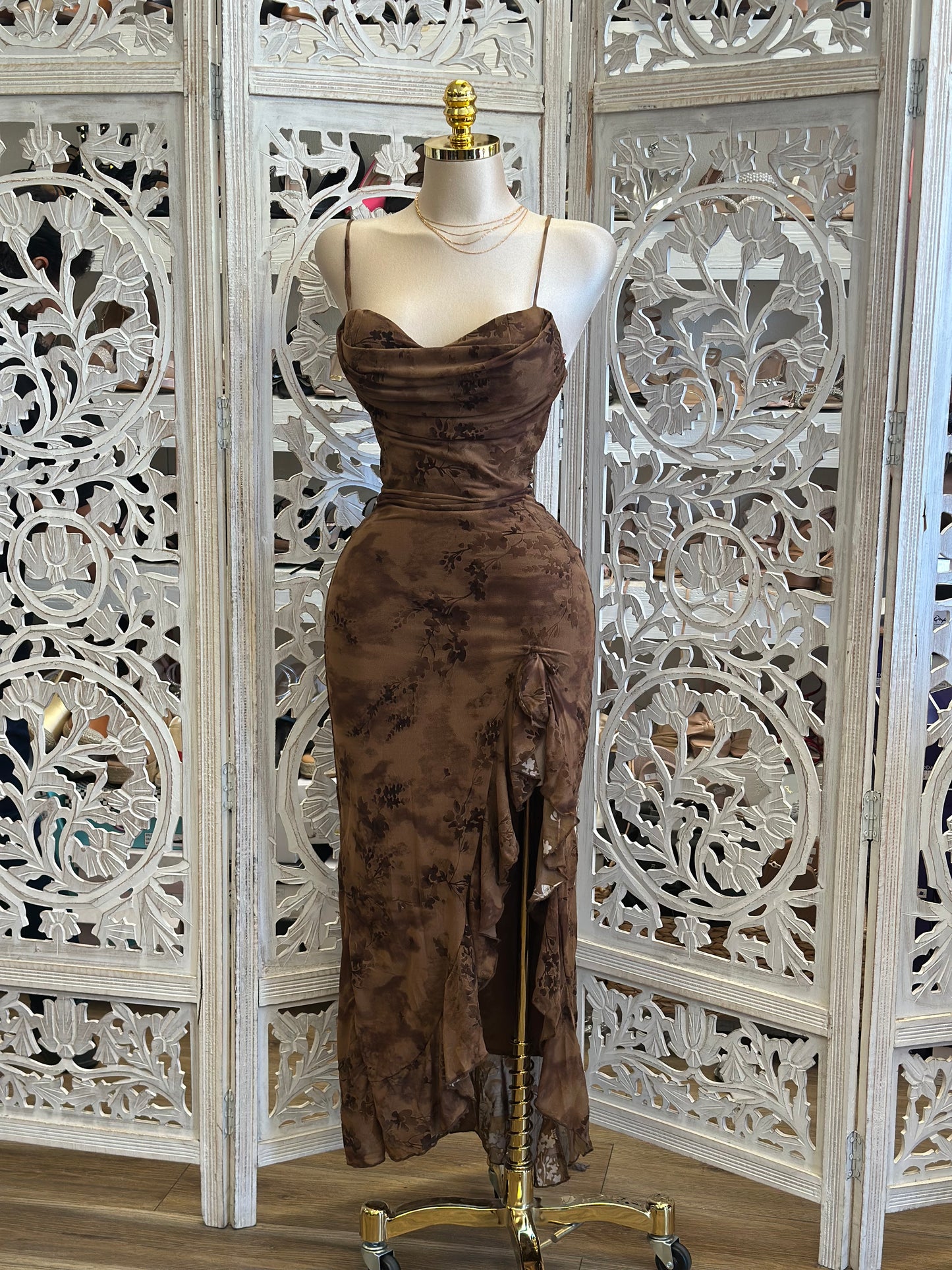 Earth Brown Floral Draped Ruffle Midi Dress-Estira, Stretchy
