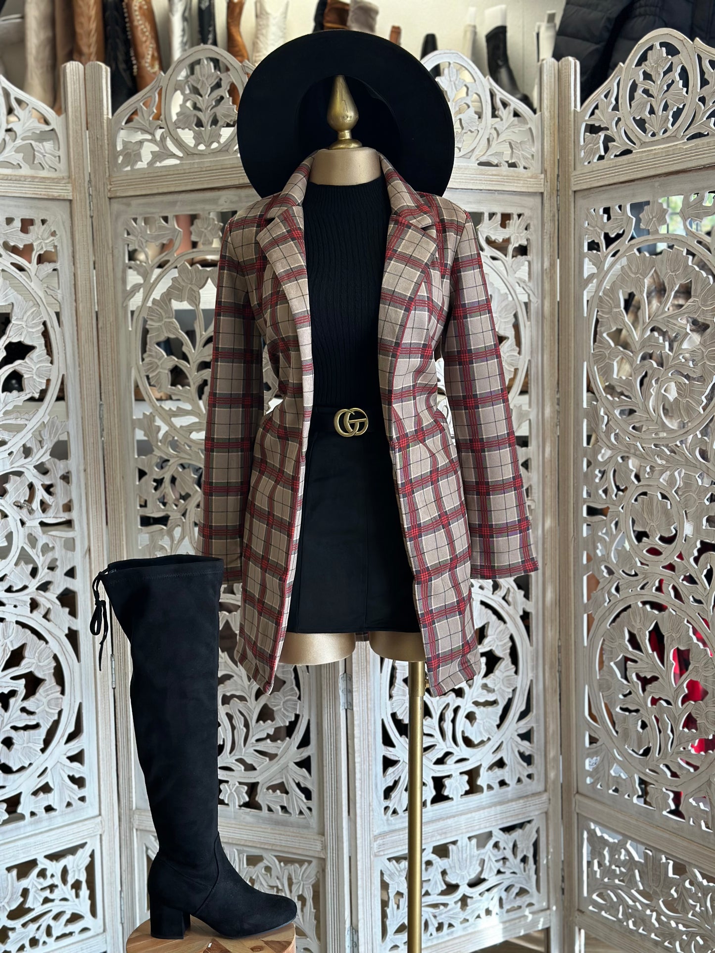 Long Plaid Blazer Coat