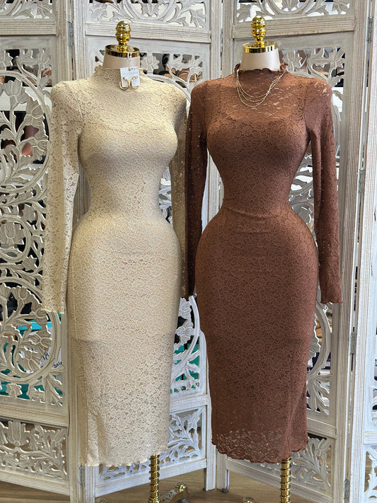 Mock Neck Lace Maxi Dress- Stretchy,Estira