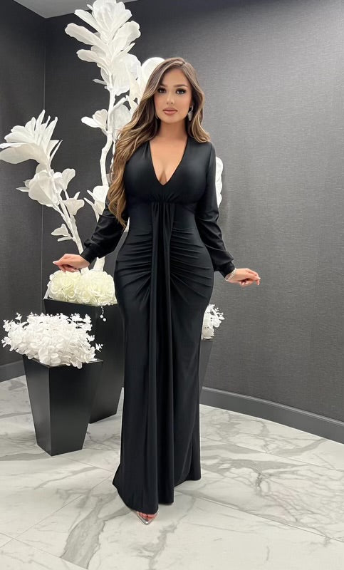 Black Deep V Split Ruched Maxi Dress- Stretchy, Estira