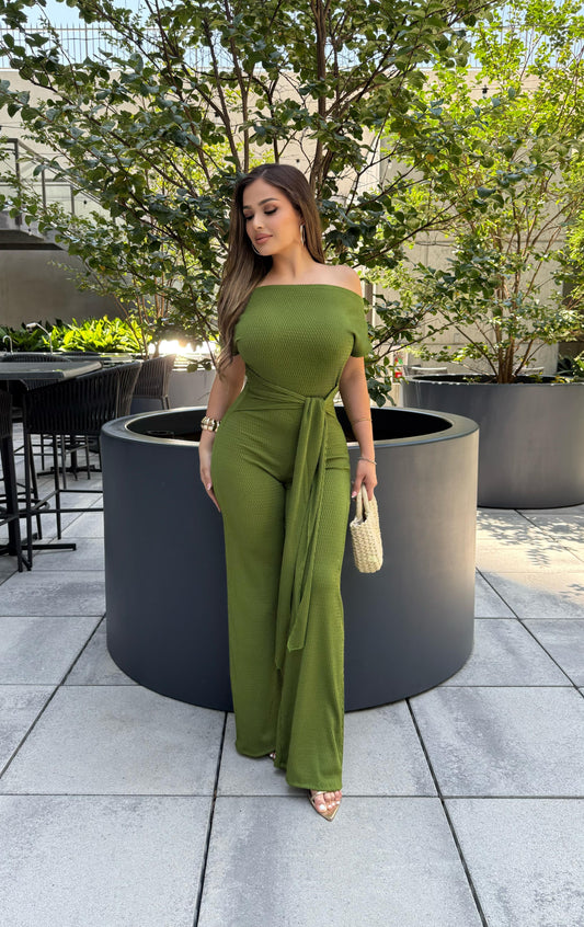 Avocado Green Ribbed Asymmetrical Jumpsuit - Stretchy,Estira