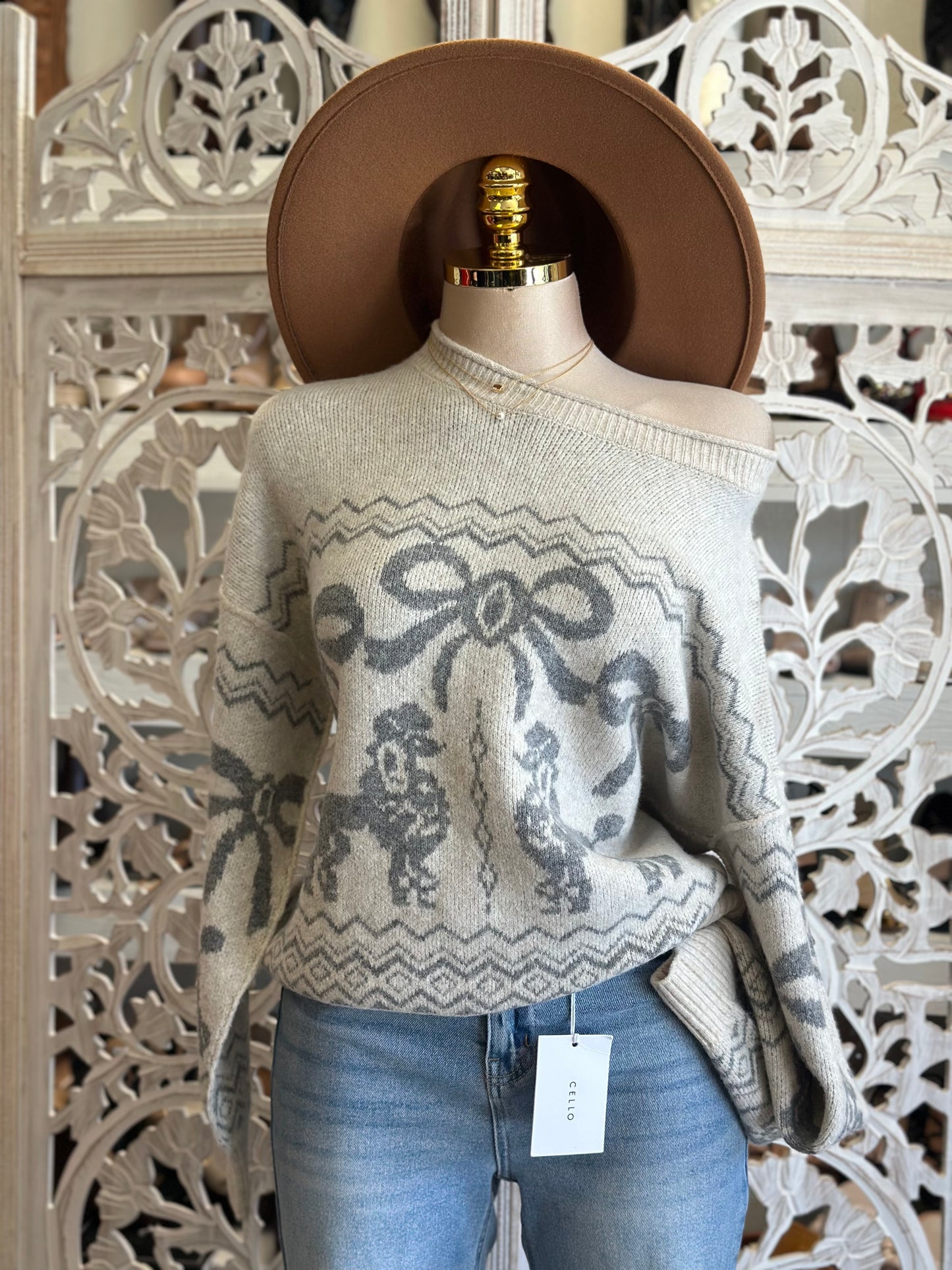 Poodle Light Ivory Off Shoulder Knit Sweater