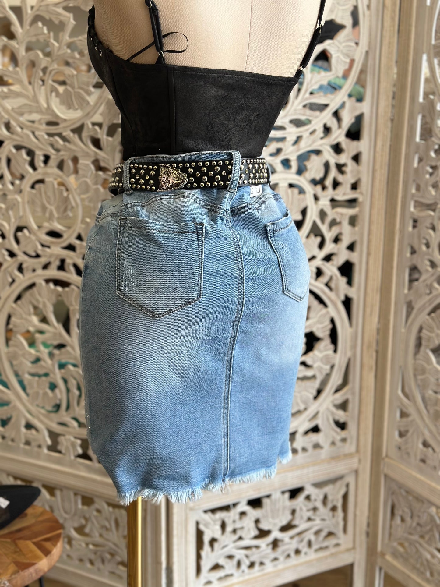 Denim Rhinestone Gradient Skirt-Estira, Stretchy