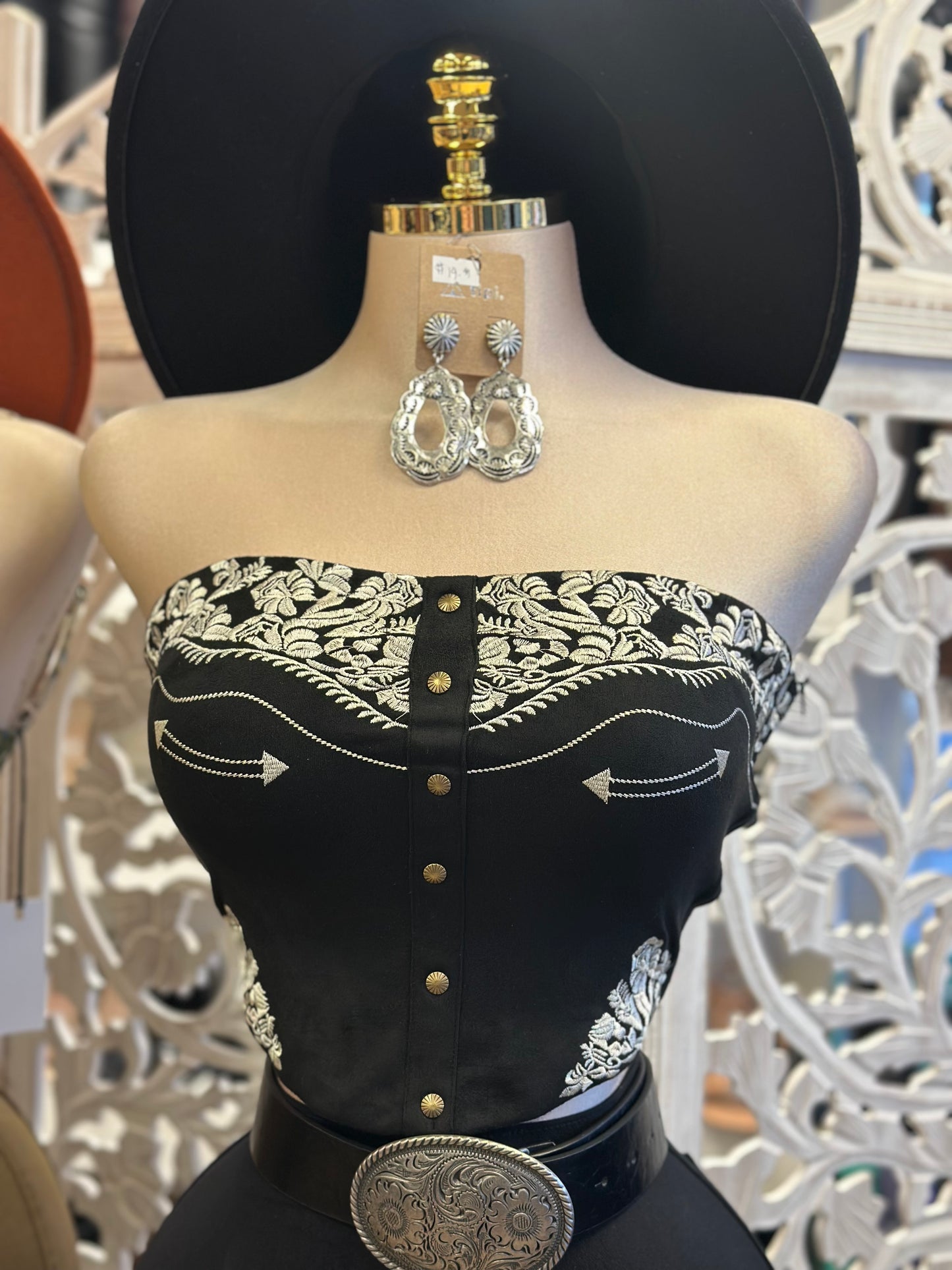 Embroidered Western Strapless Top- Estira, Stretchy