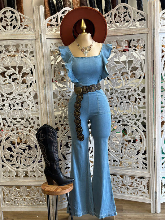 Ruffle Sleeve Light Denim Jumpsuit- Stretchy, Estira