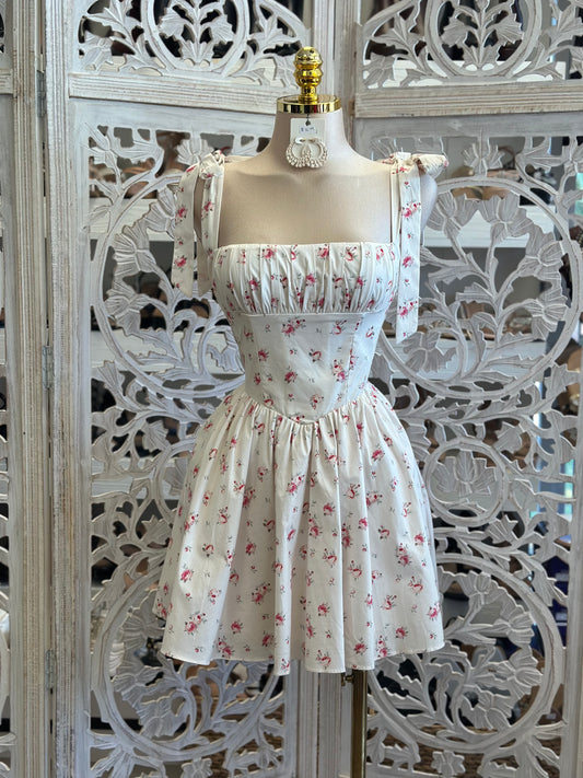 Floral Bow Strap Mini Dress- Not Stretchy ,No Estira