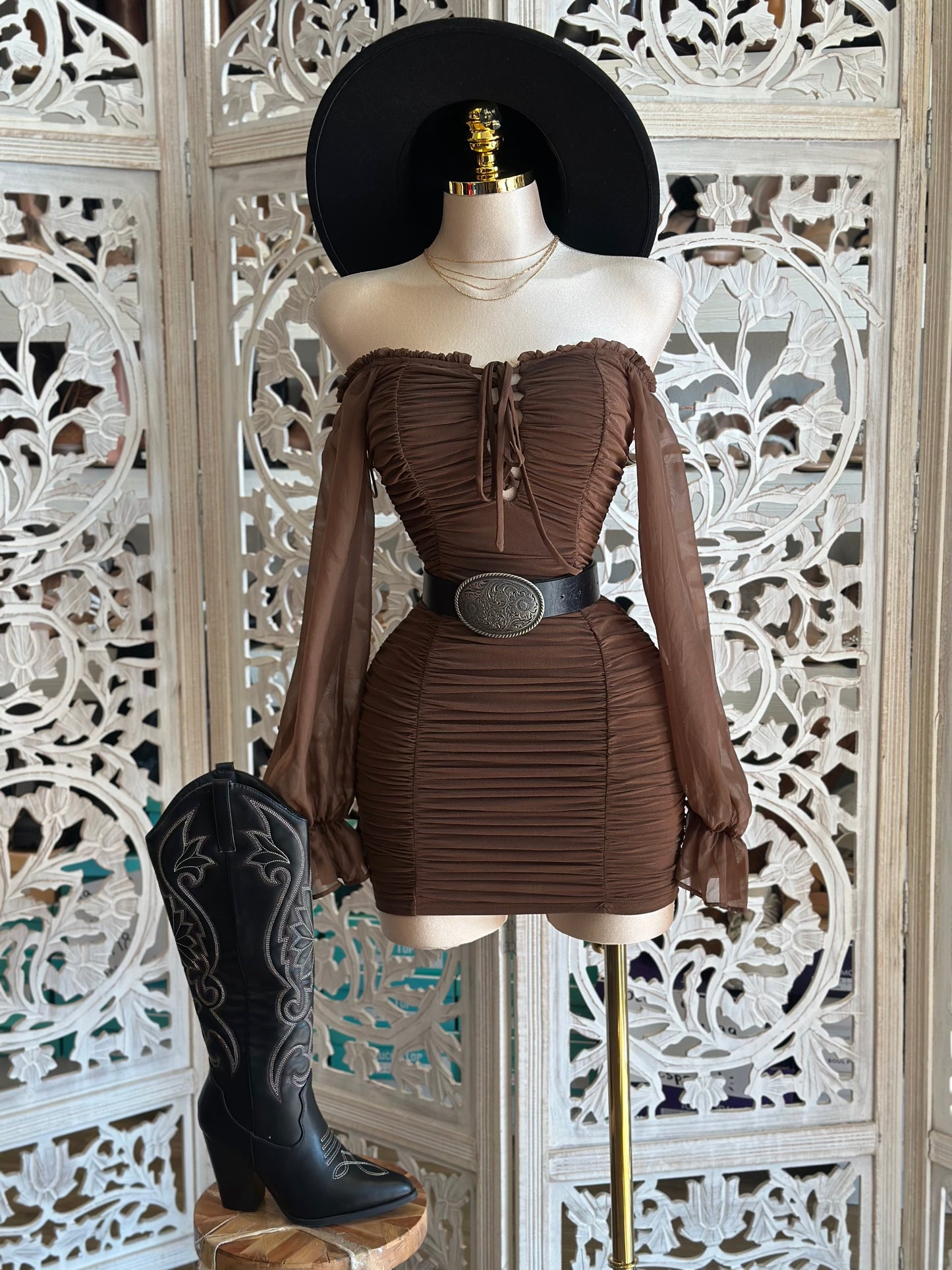 Brown Ruched Bell Sleeve Mini Dress- Stretchy,Estira