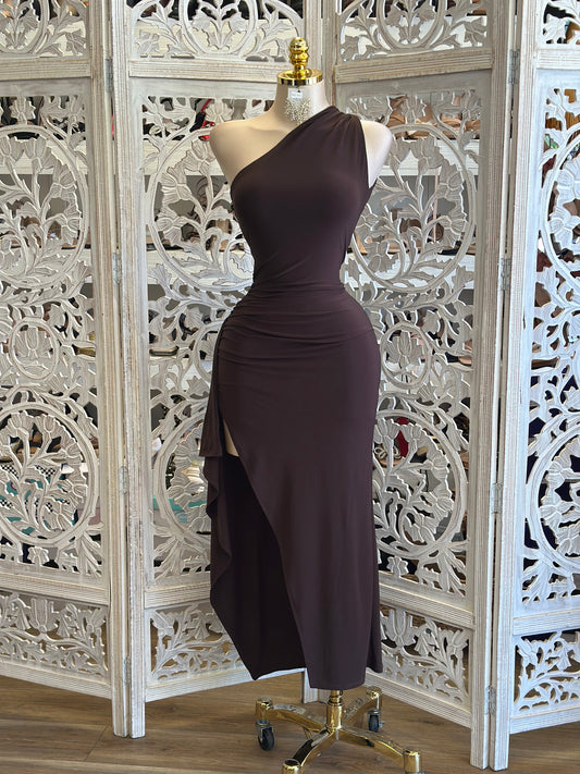 Asymmetrical Espresso Dress-Estira, Stretchy
