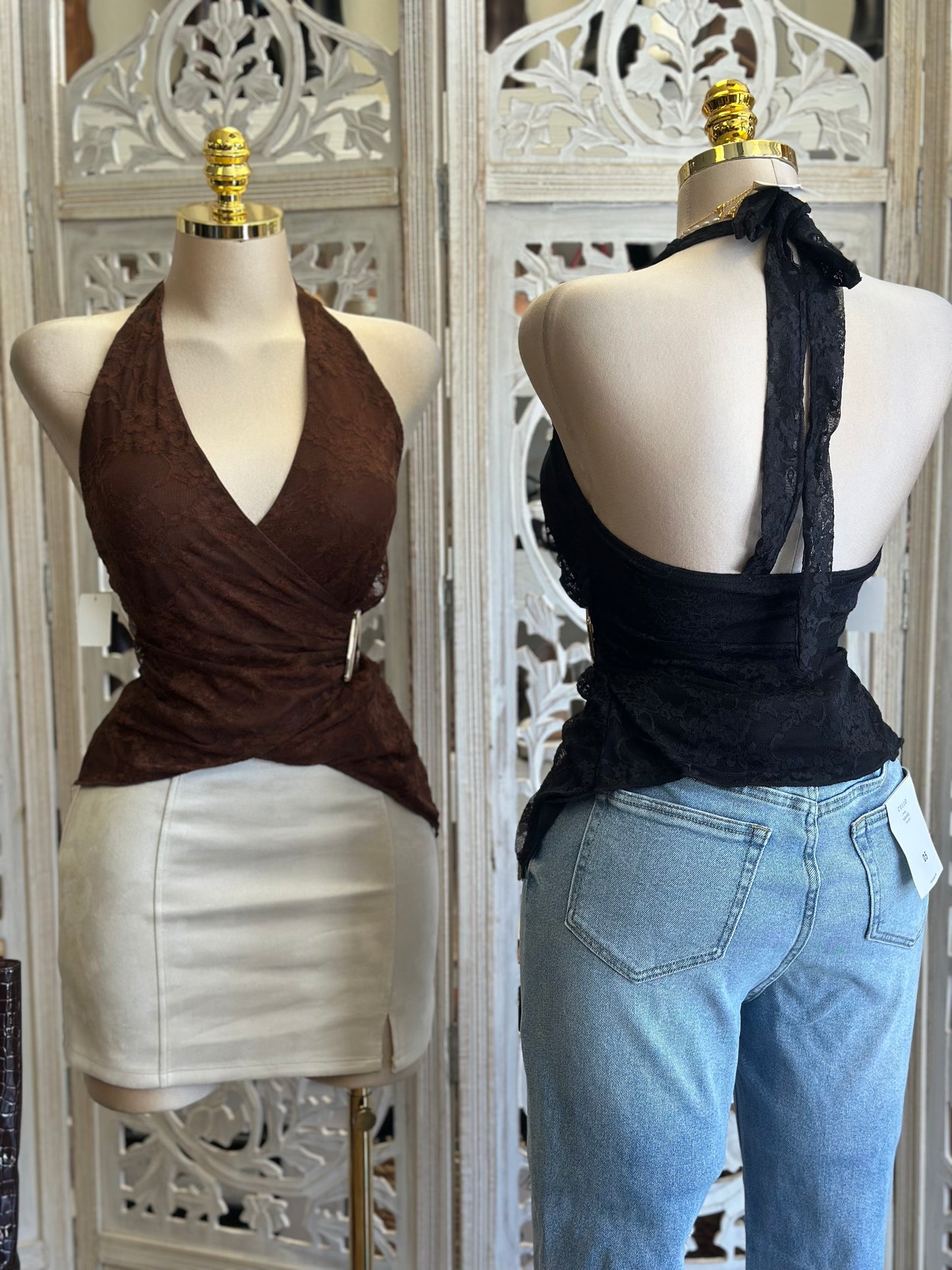 Wrapped Lace Open Back Top- Estira, Stretchy