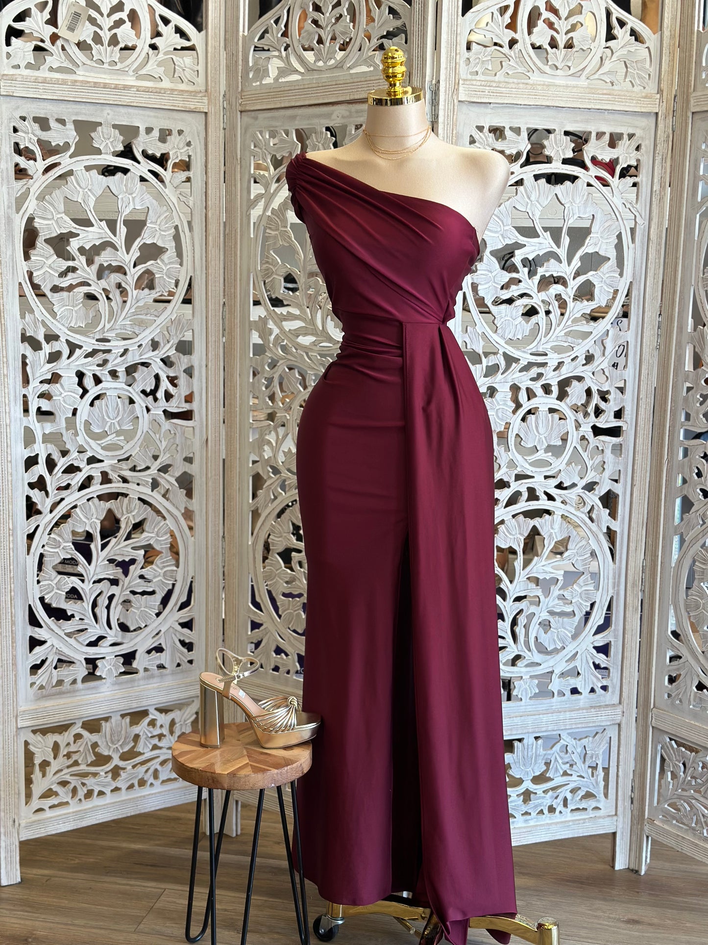 Wine Draped Formal Dress- Stretchy,Estira