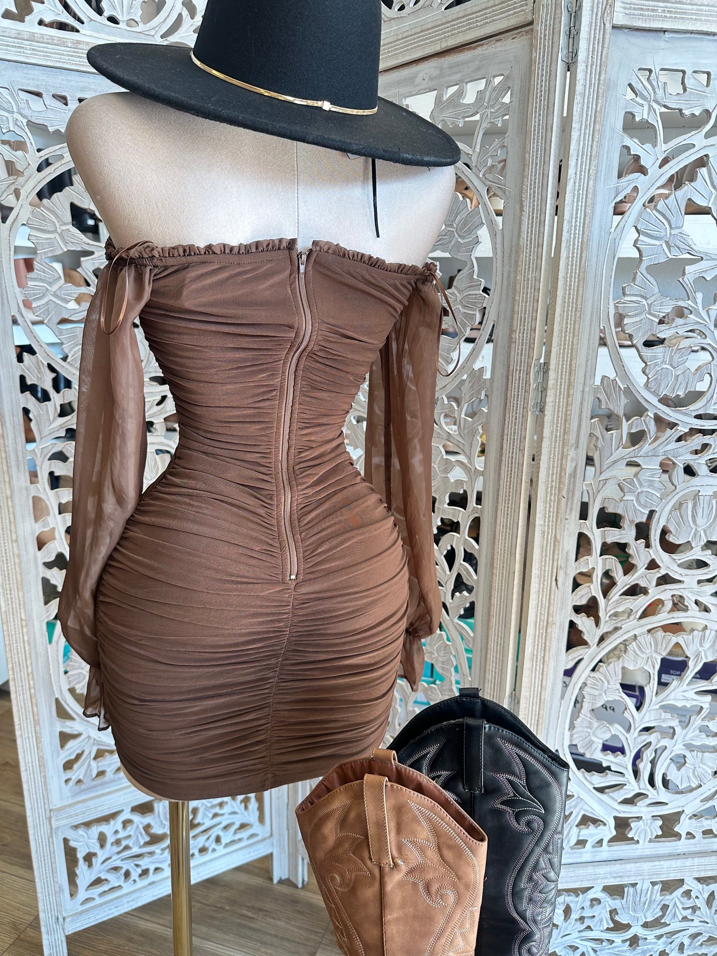 Brown Ruched Bell Sleeve Mini Dress- Stretchy,Estira