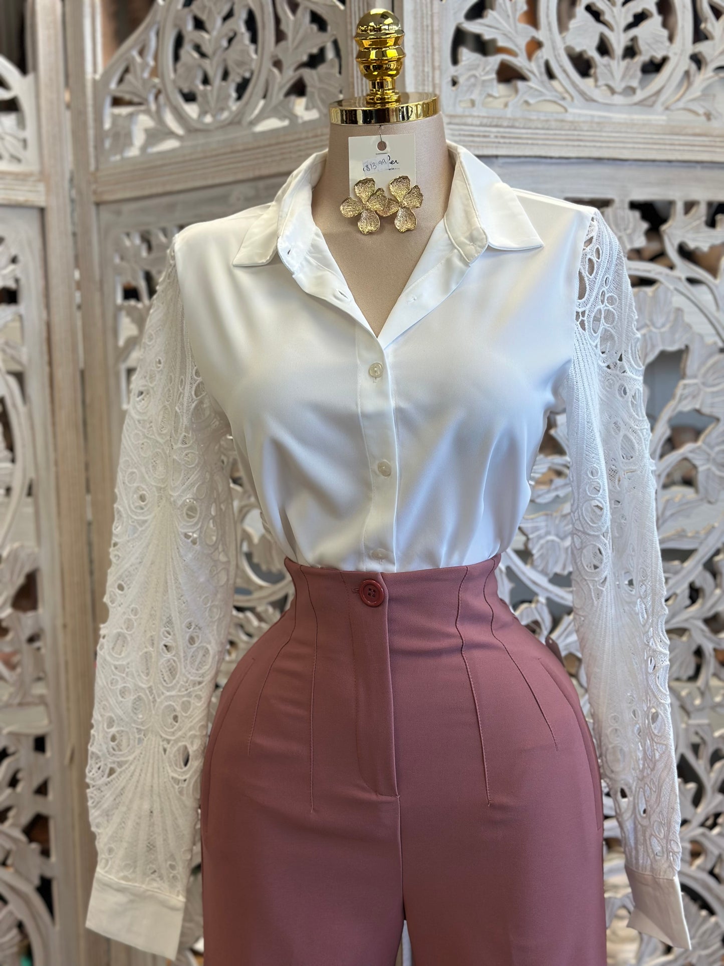 Lace Sleeve Button Blouse- Estira, Stretchy