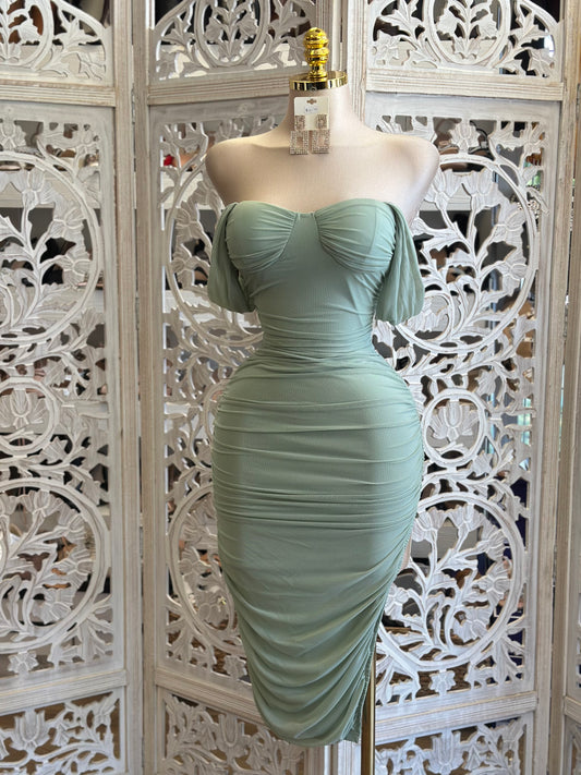 Seafoam Heartlined  Ruched Midi Dress- Stretchy , Estira