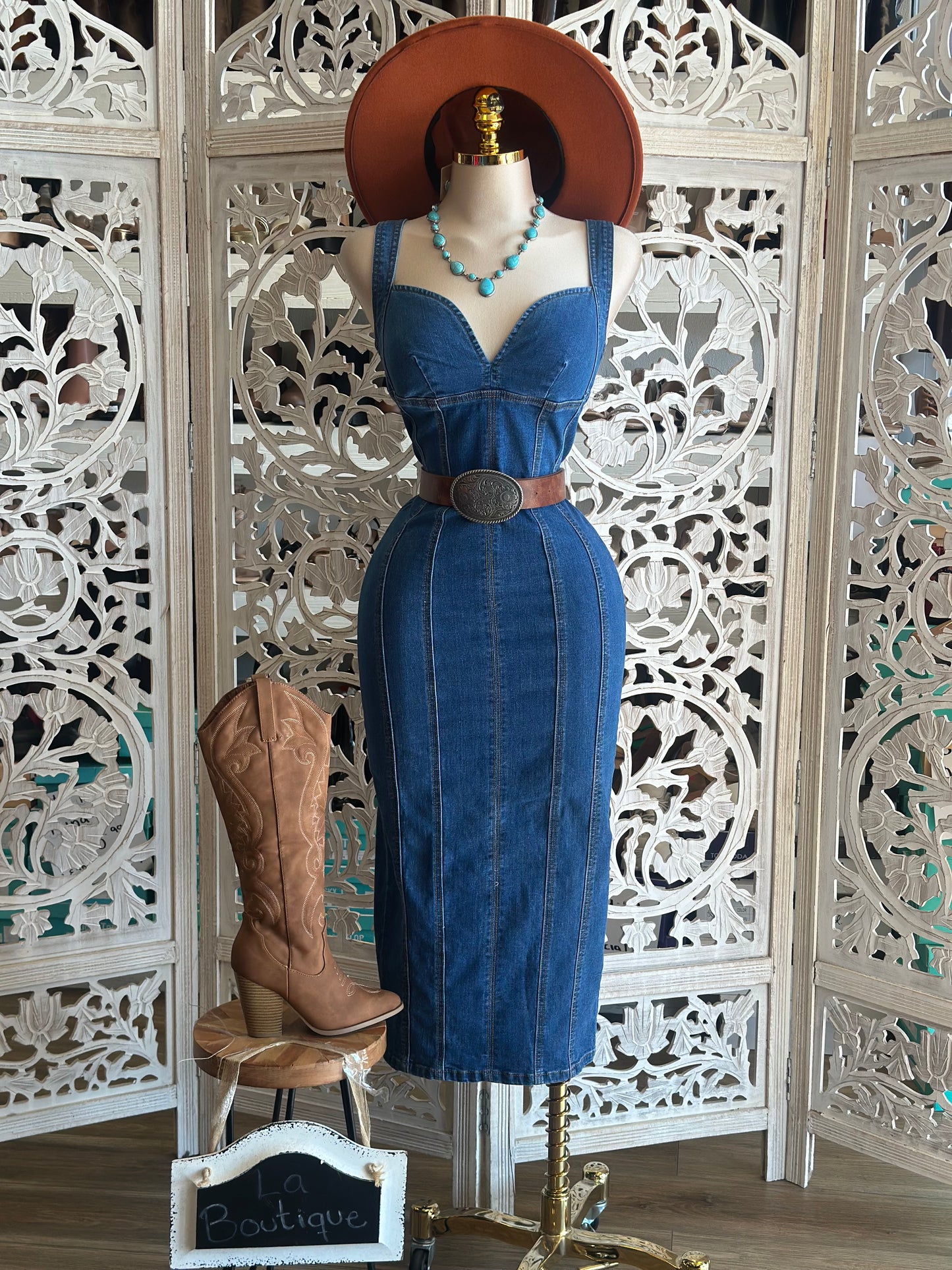 Denim Heartline Midi Dress- Stretchy,Estira