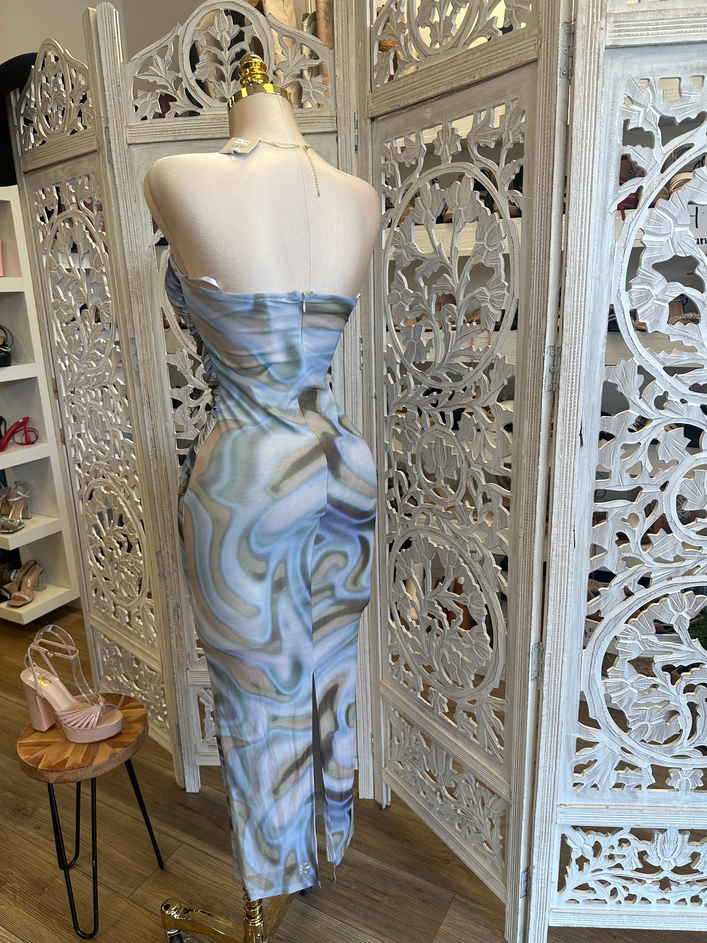 Strapless Blue Multi Pattern Midi Dress- Stretchy,Estira