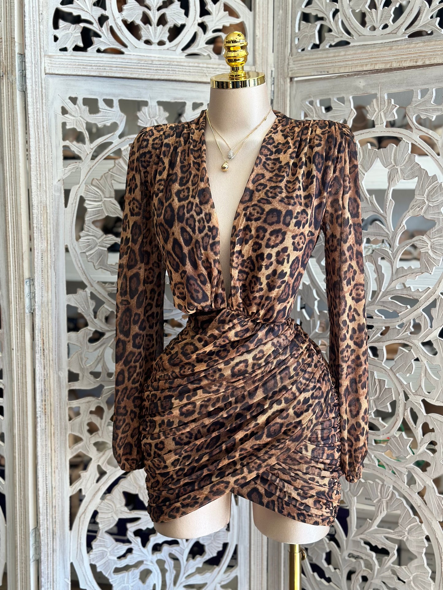 Deep V Wrapped Cheetah Mini Dress- Stretchy, Estira