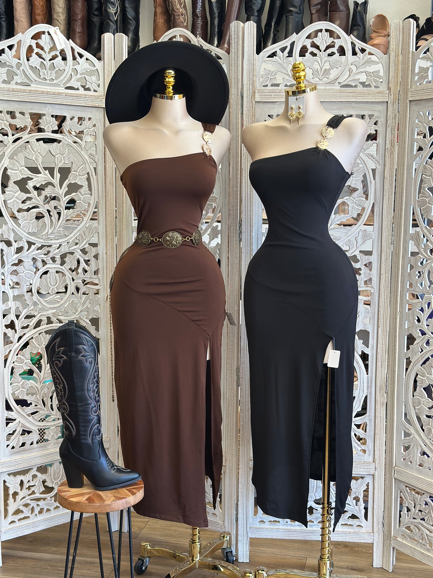 Gold Chain Strap Slit Dress - Estira, Stretchy