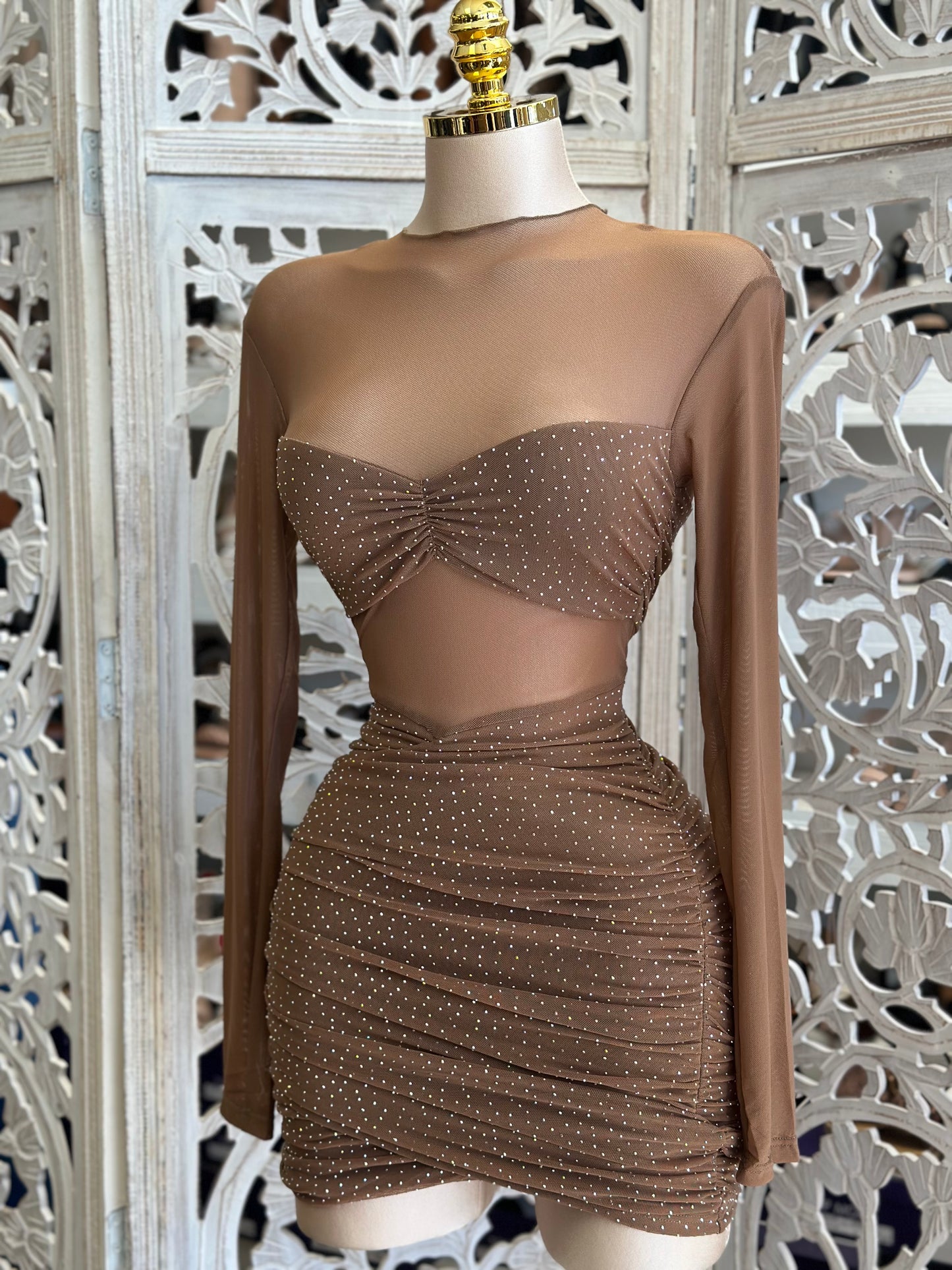 Mesh Rhinestone Mini Dress- Stretchy, Estira