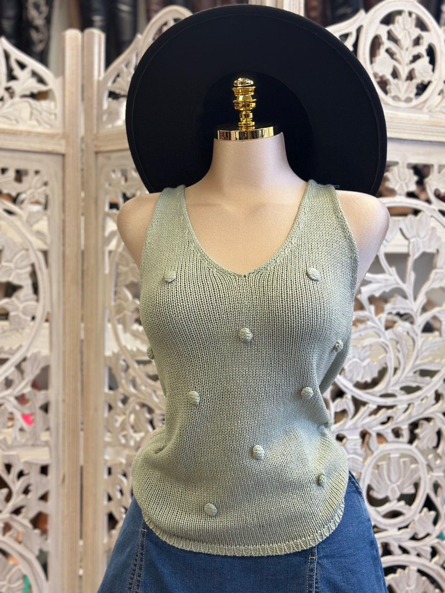 Light Green Knit Dotted Blouse- Estira, Stretchy