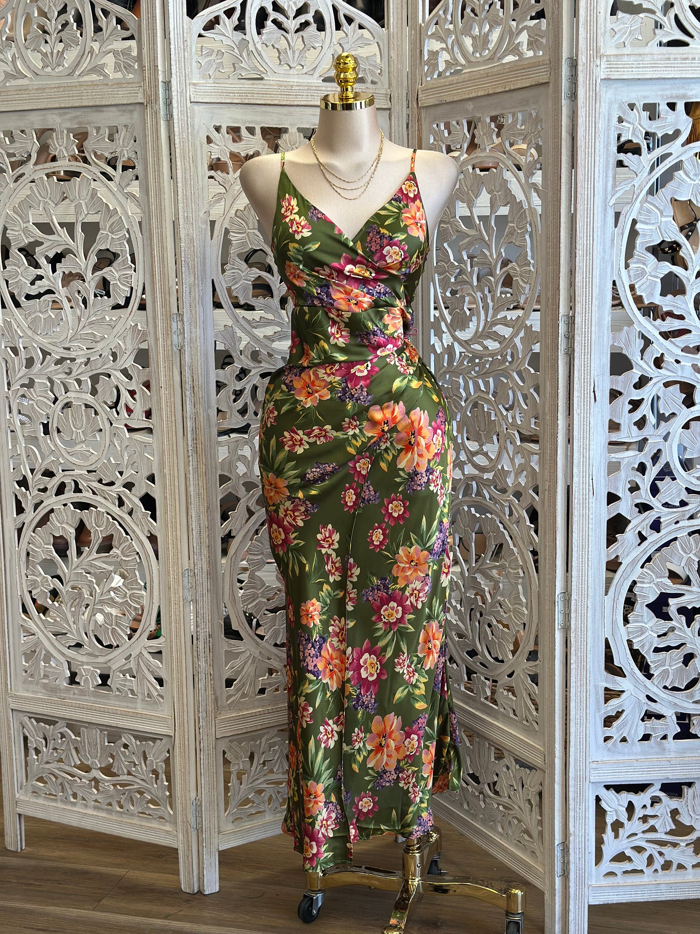 Olive Floral Maxi Dress - No Estira, Not Stretchy
