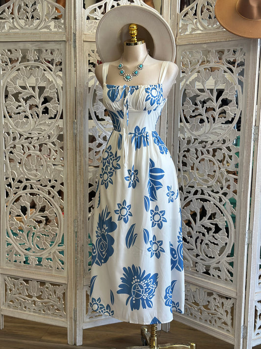Milkmaid Blue Floral Midi Dress-Estira, Stretchy